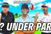 Coaches standing in front of a golf course with the words "under par" displayed.