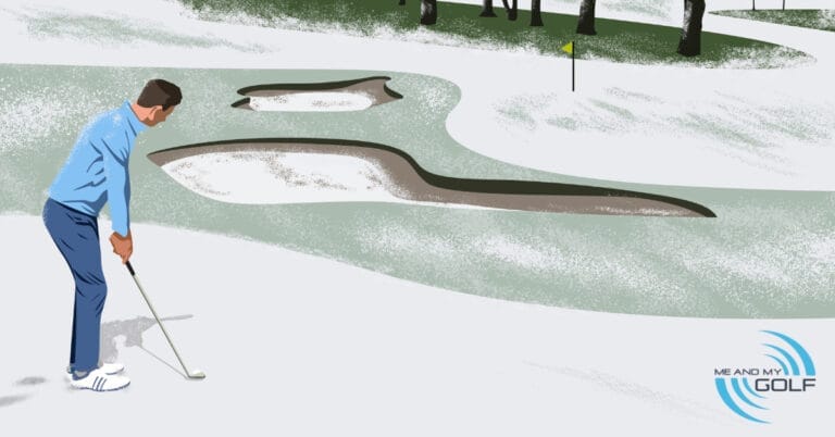 A golfer dressed stands on a snowy-like golf course, preparing to hit a shot with a golf club.